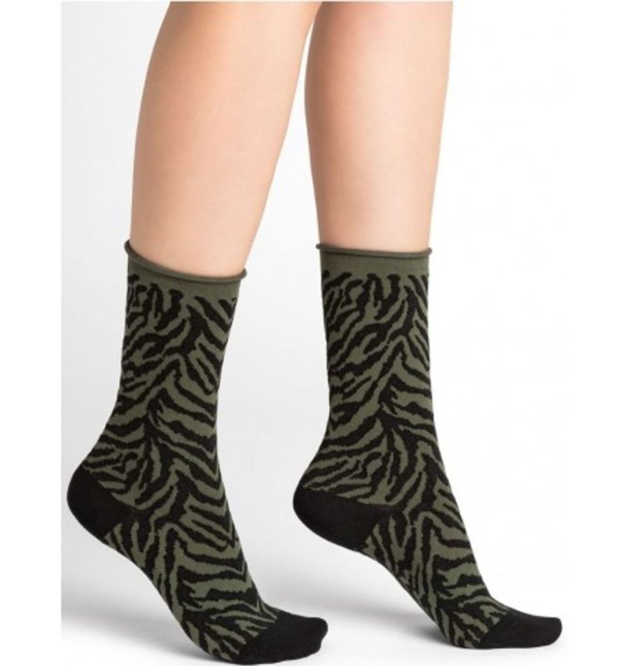 Accessories Shoesissime Women'S | Bleu Foret Fine Wool Socks Tiger Pattern Green Khaki