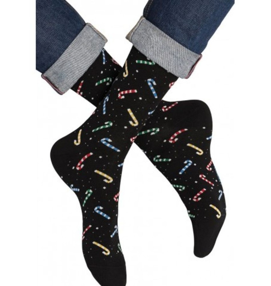 Accessories Shoesissime Men'S | Bleu Foret Candy Cane Pattern Socks Black