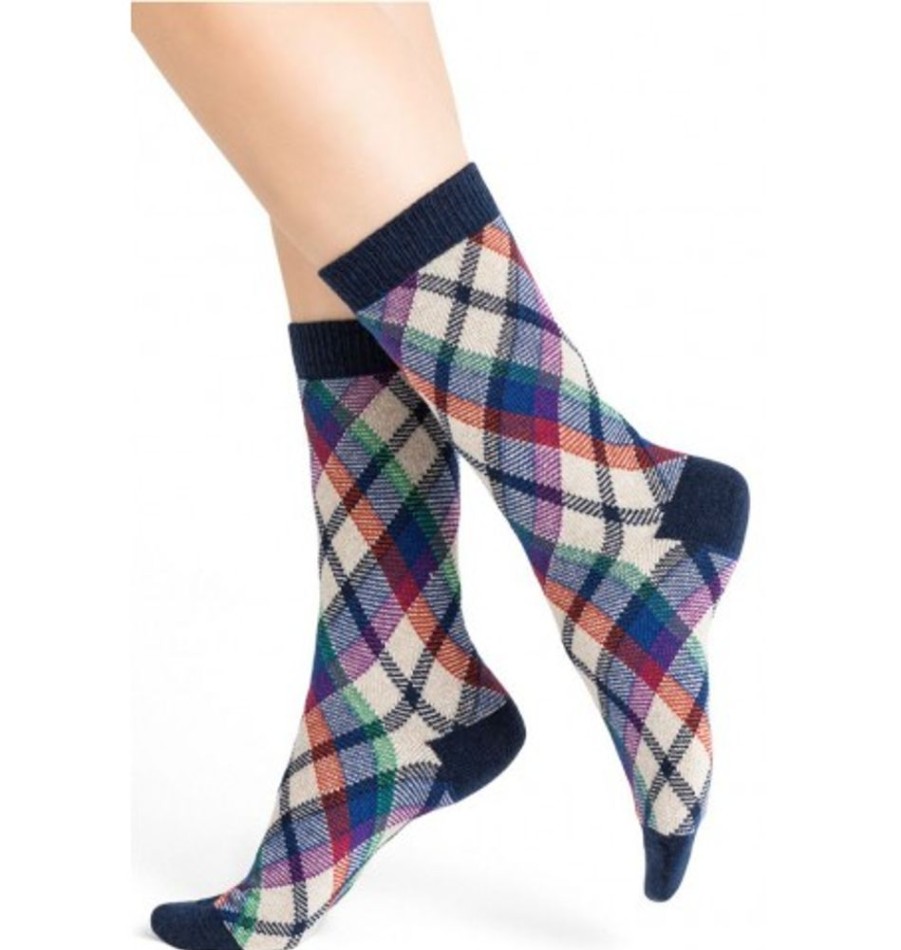 Accessories Shoesissime Women'S | Bleu Foret Cashmere With Tartan Argyles Pattern Blue