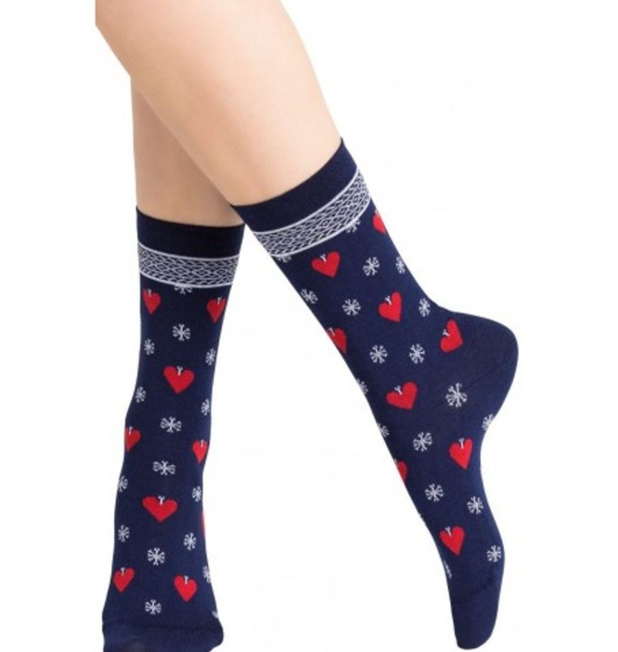 Accessories Shoesissime Women'S | Bleu Foret Christmas Hearts Pattern Socks Blue