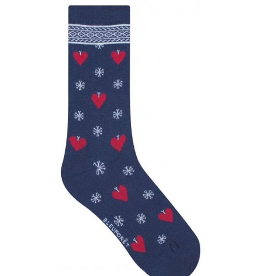 Accessories Shoesissime Women'S | Bleu Foret Christmas Hearts Pattern Socks Blue