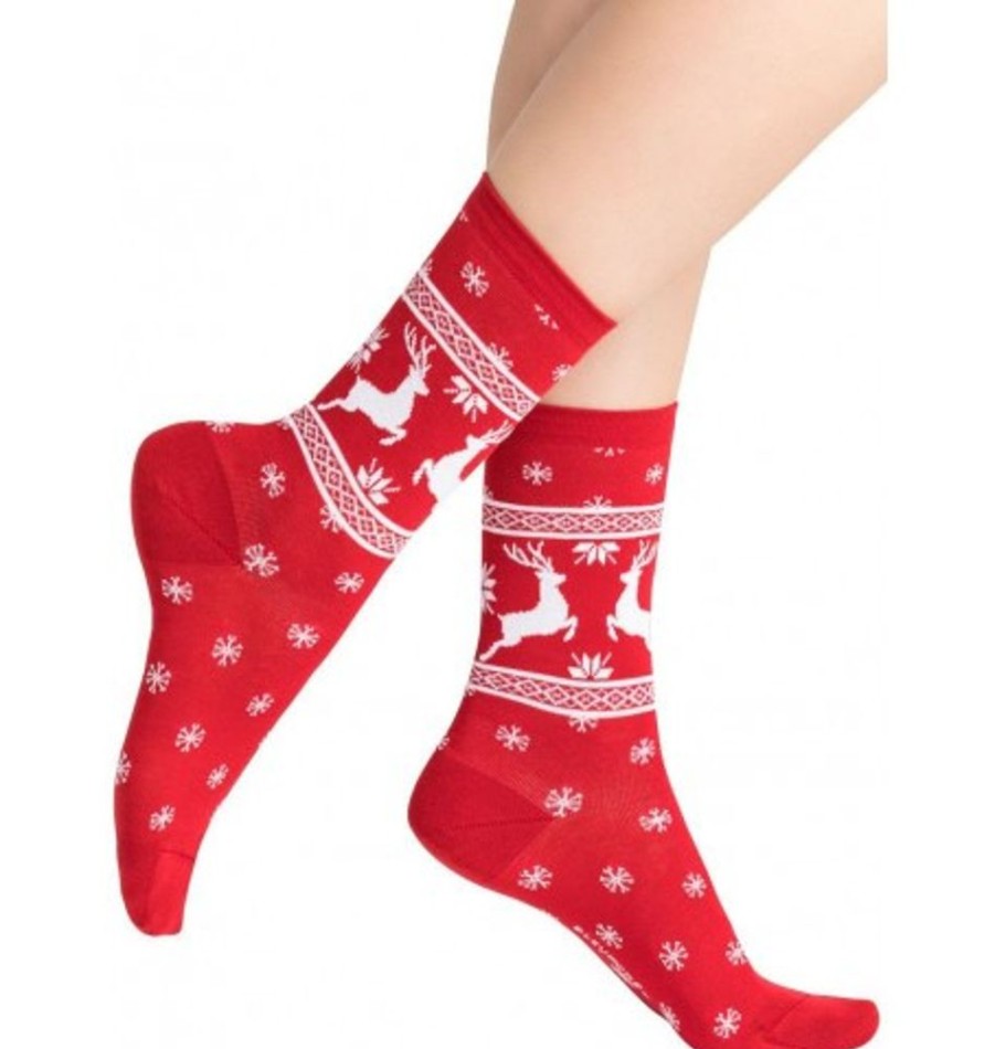 Accessories Shoesissime Women'S | Bleu Foret Snowflakes Reindeers Xmas Socks Red