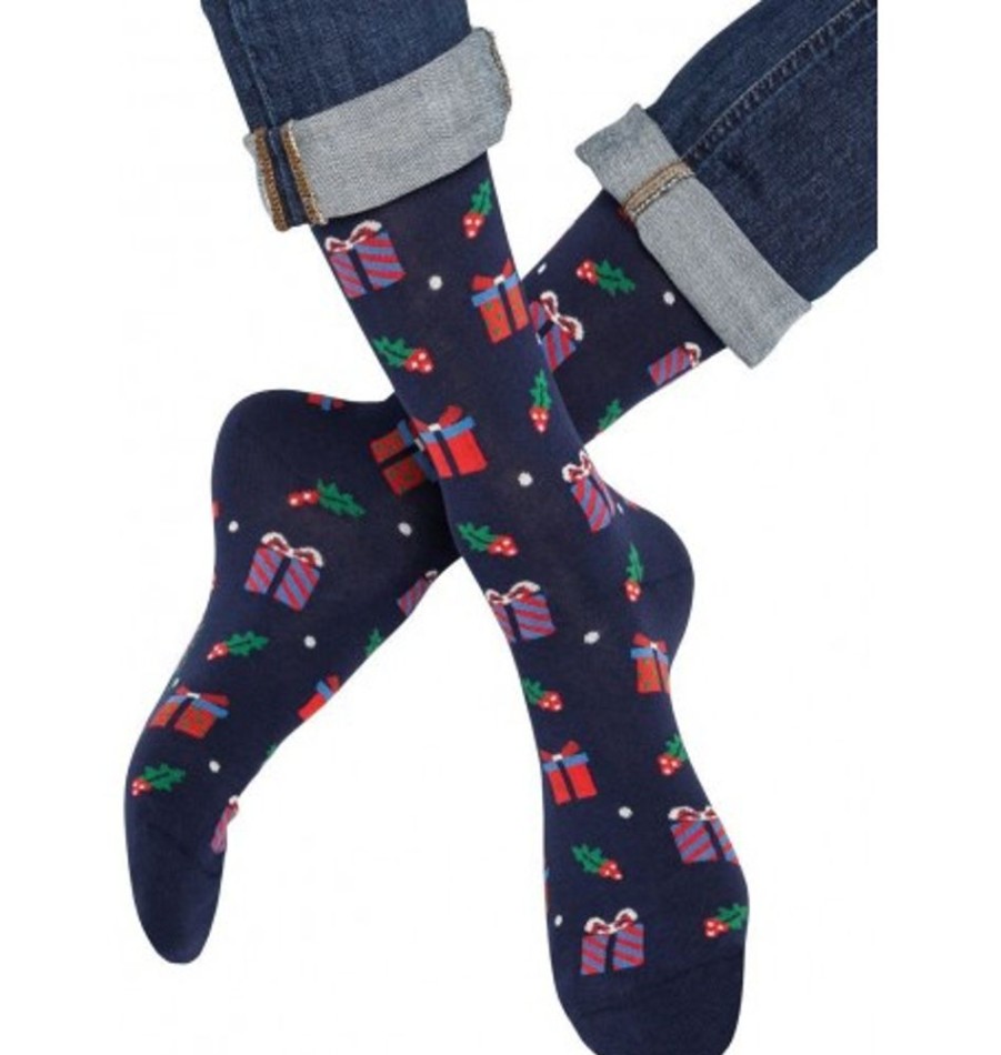 Accessories Shoesissime Men'S | Bleu Foret Gift Pattern Socks Blue