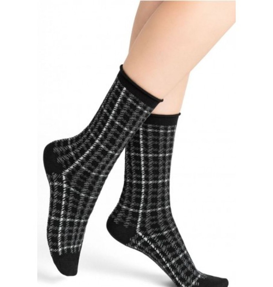 Accessories Shoesissime Women'S | Bleu Foret Fine Wool Socks With Check Pattern Black